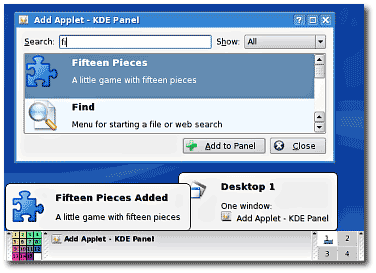 Kicker with the add applet dialogue, applets and tooltips