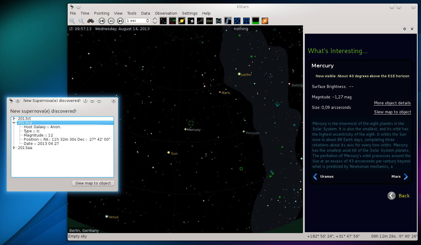 KStars에서 현재 위치에서 볼 수 있는 천문 이벤트 표시