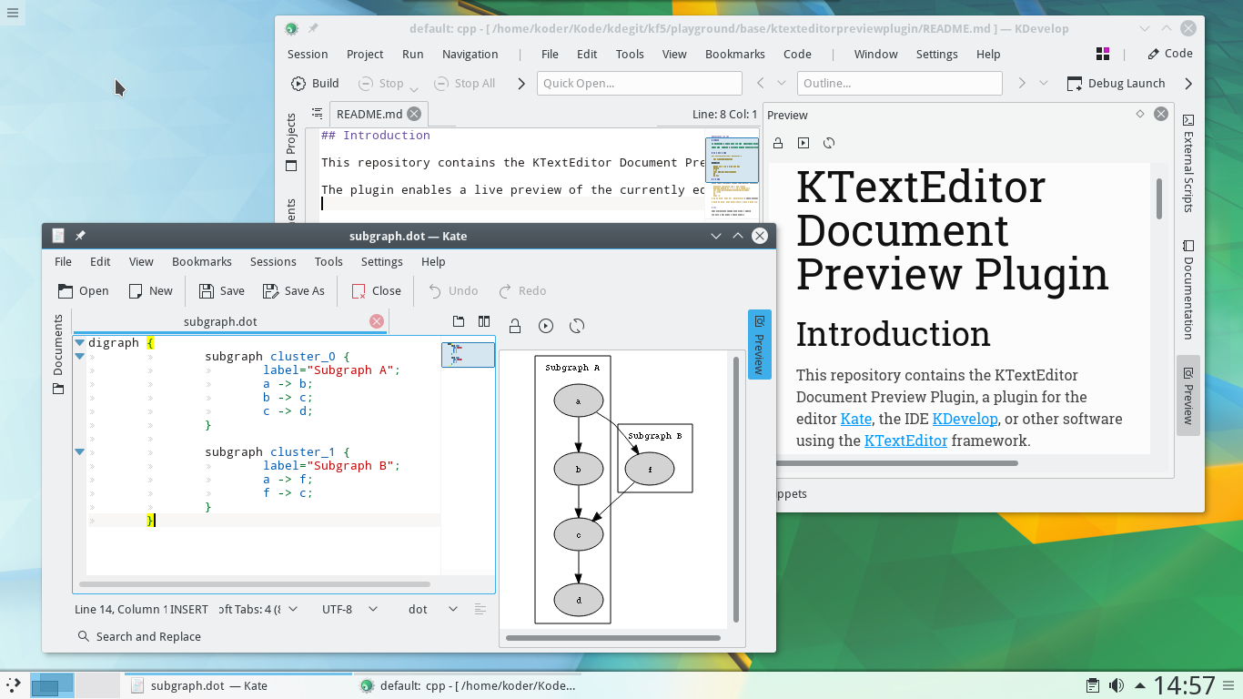 Enable to live. Kate редактор. Subgraph. Preview document. Kde Projects.