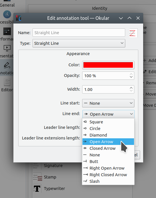 Paramètres d'Okular pour l'outil d'annotation avec une nouvelle option pour la fin de ligne