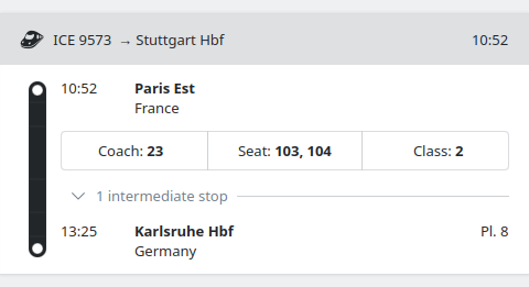 Itinerary shows seating numbers…