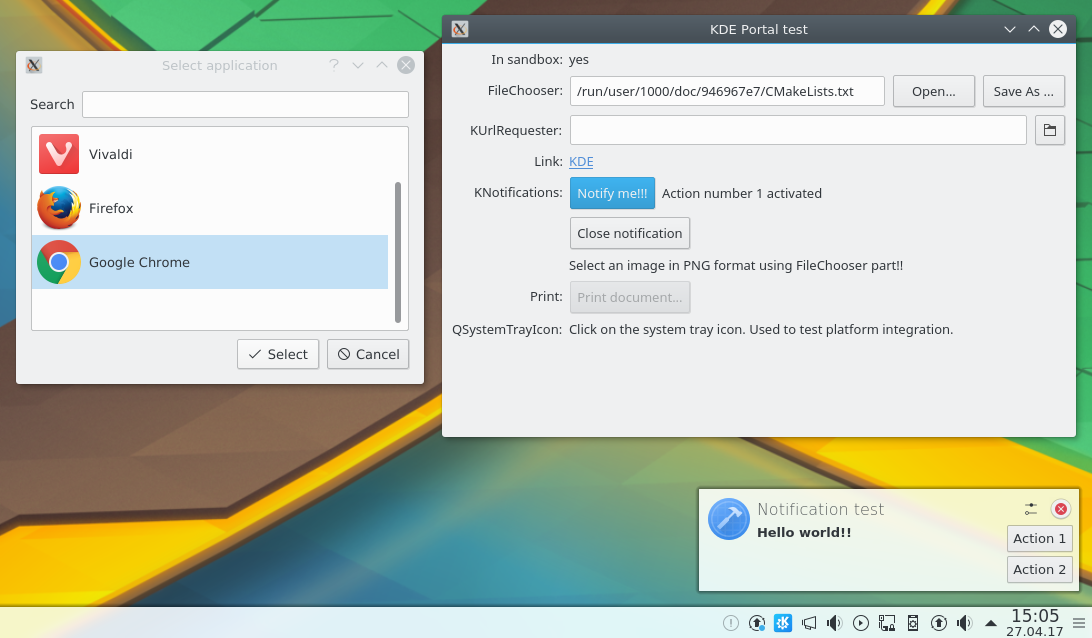 Flatpak integration with xdg-desktop-portal-kde: selecting a file using file chooser portal, invoking openURI portal and notification portal 