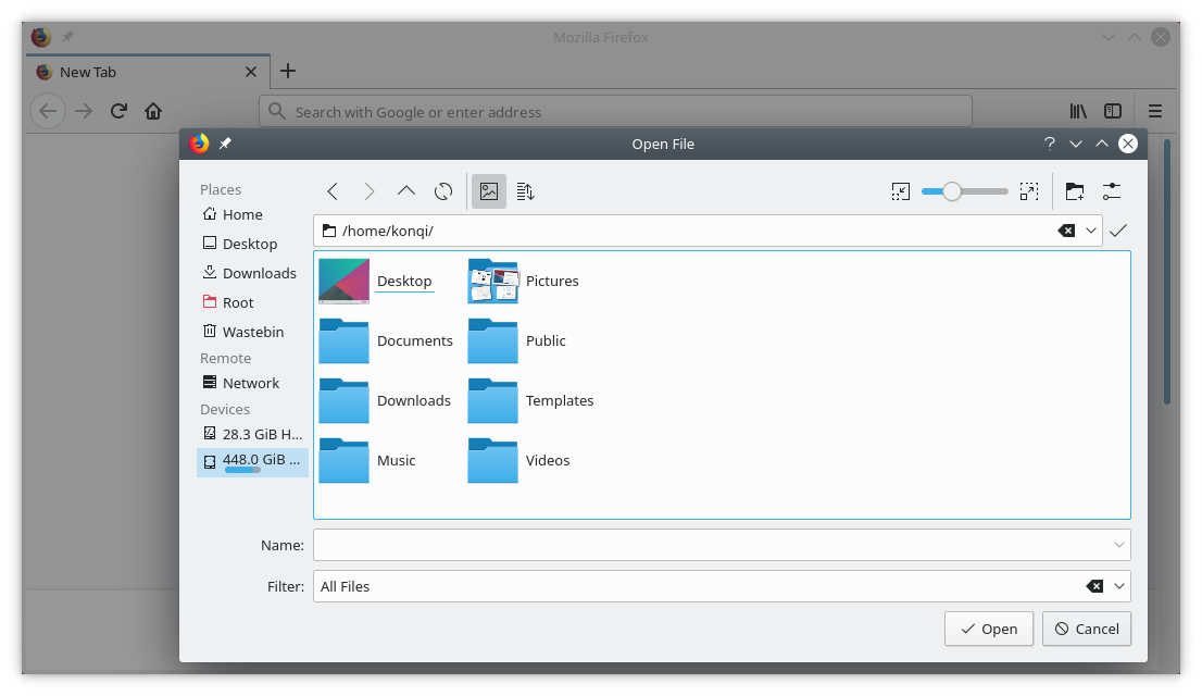 Firefox із типовим для KDE вікном відкриття-збереження файлів