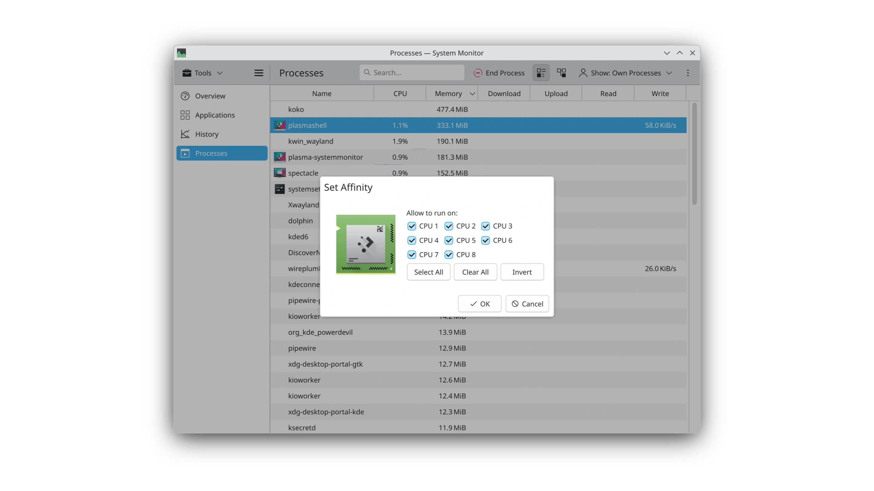 System Monitor app offering the possibility to change the CPU affinity for the plasmashell process