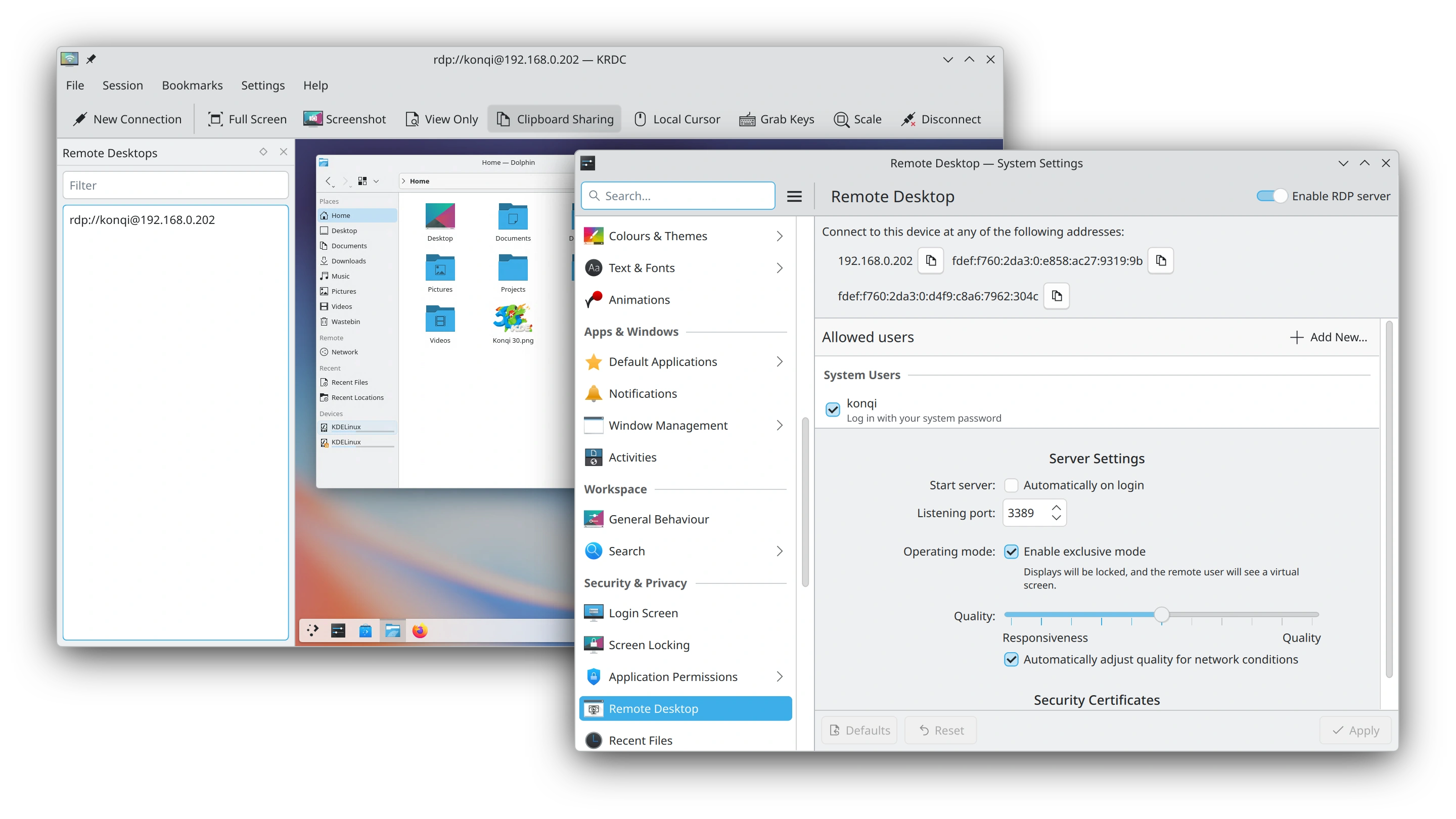 Plasma’s Remote Desktop settings and the KRDC application in use