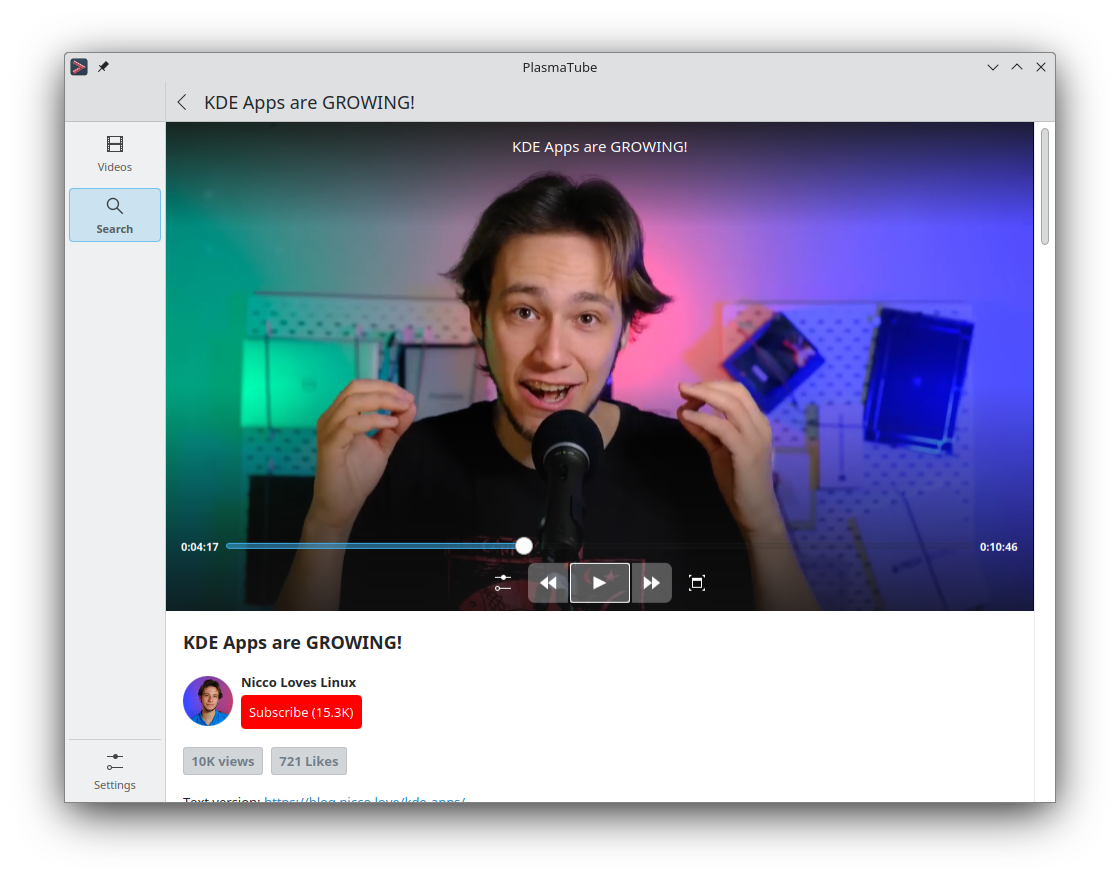 Una captura de pantalla del PlasmaTube mostrant un vídeo del «Nicco Loves Linux»