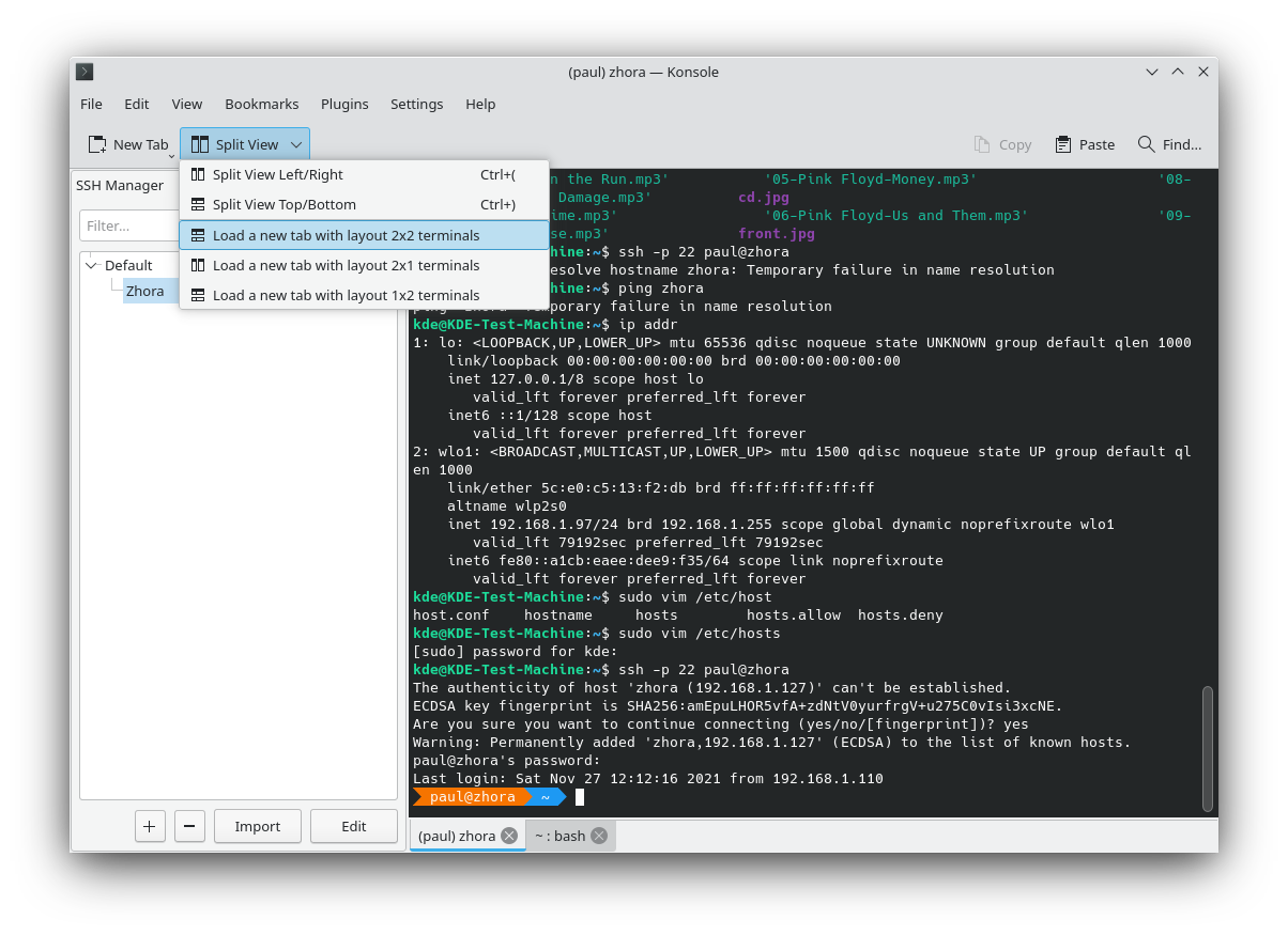 Konsole's menu for splitting panels