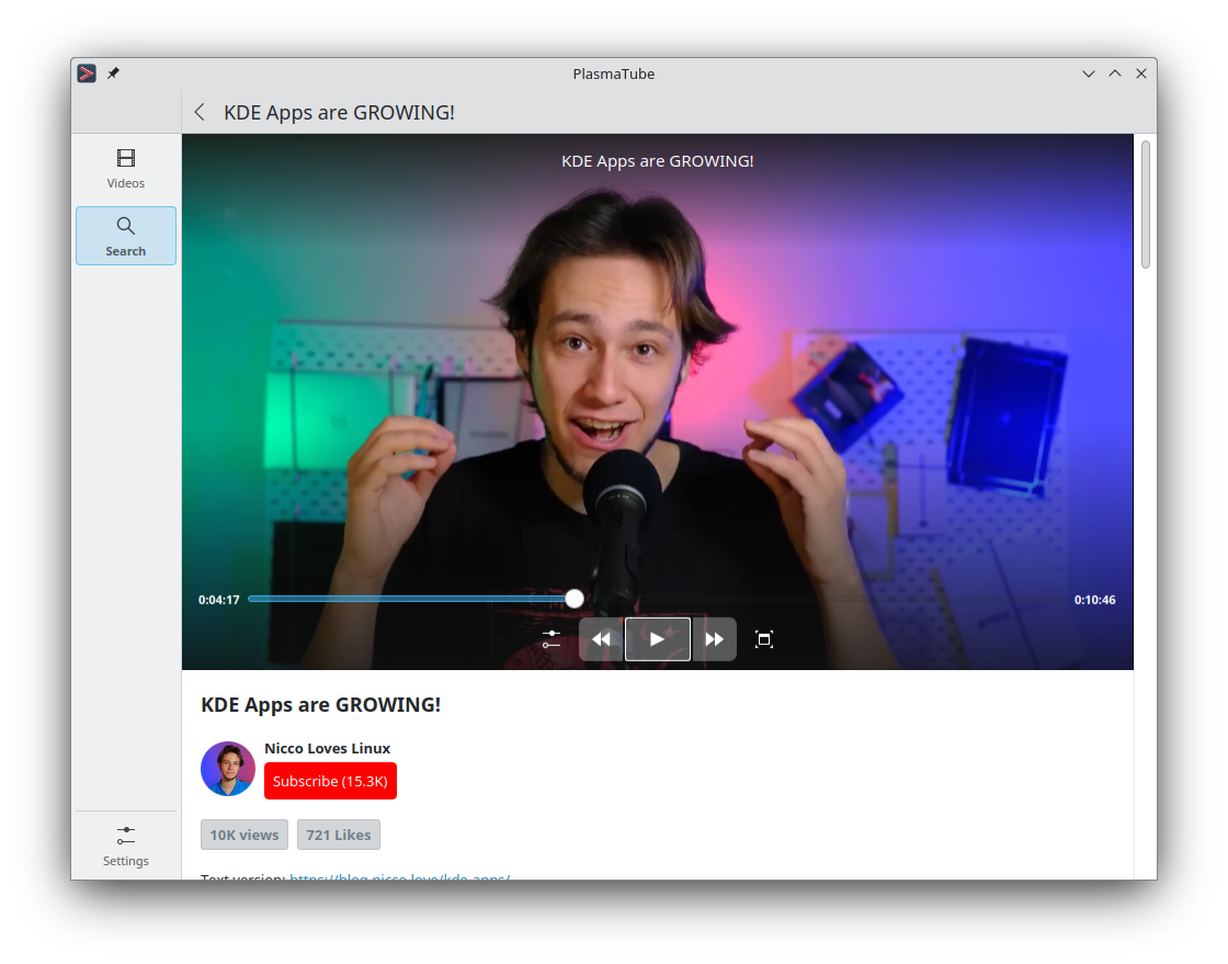 PlasmaTube screenshot showing a video from Nicco Loves Linux