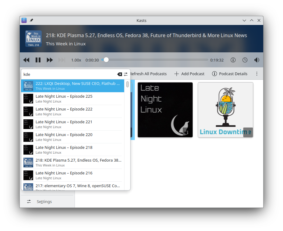 Kasts showing search results for KDE