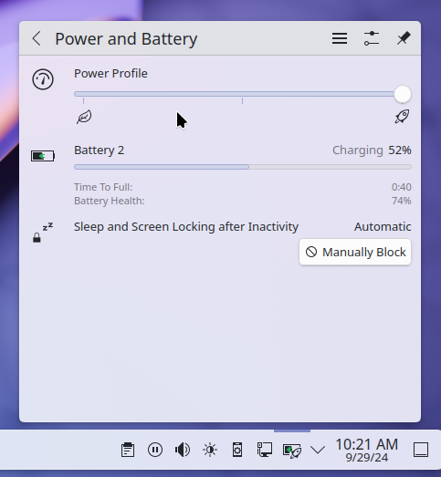 The battery widget showing power profiles