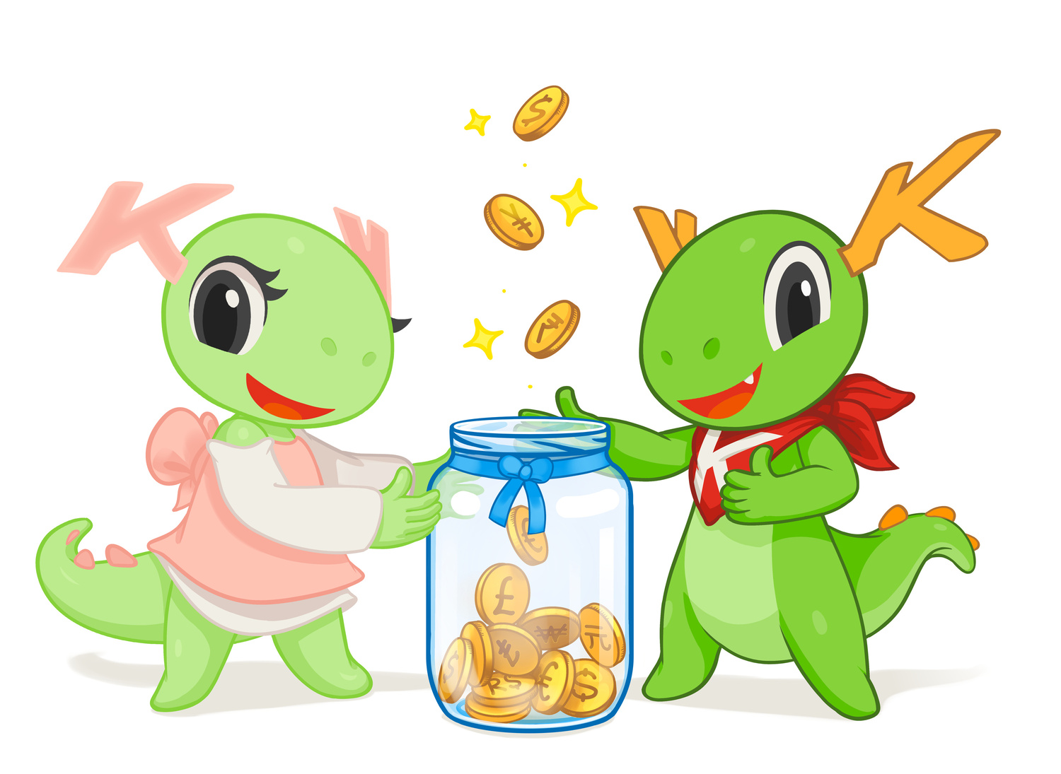 Konqi, the KDE mascot, and Katie, his girlfriend, standing next to a jar where golden coins are being thrown into