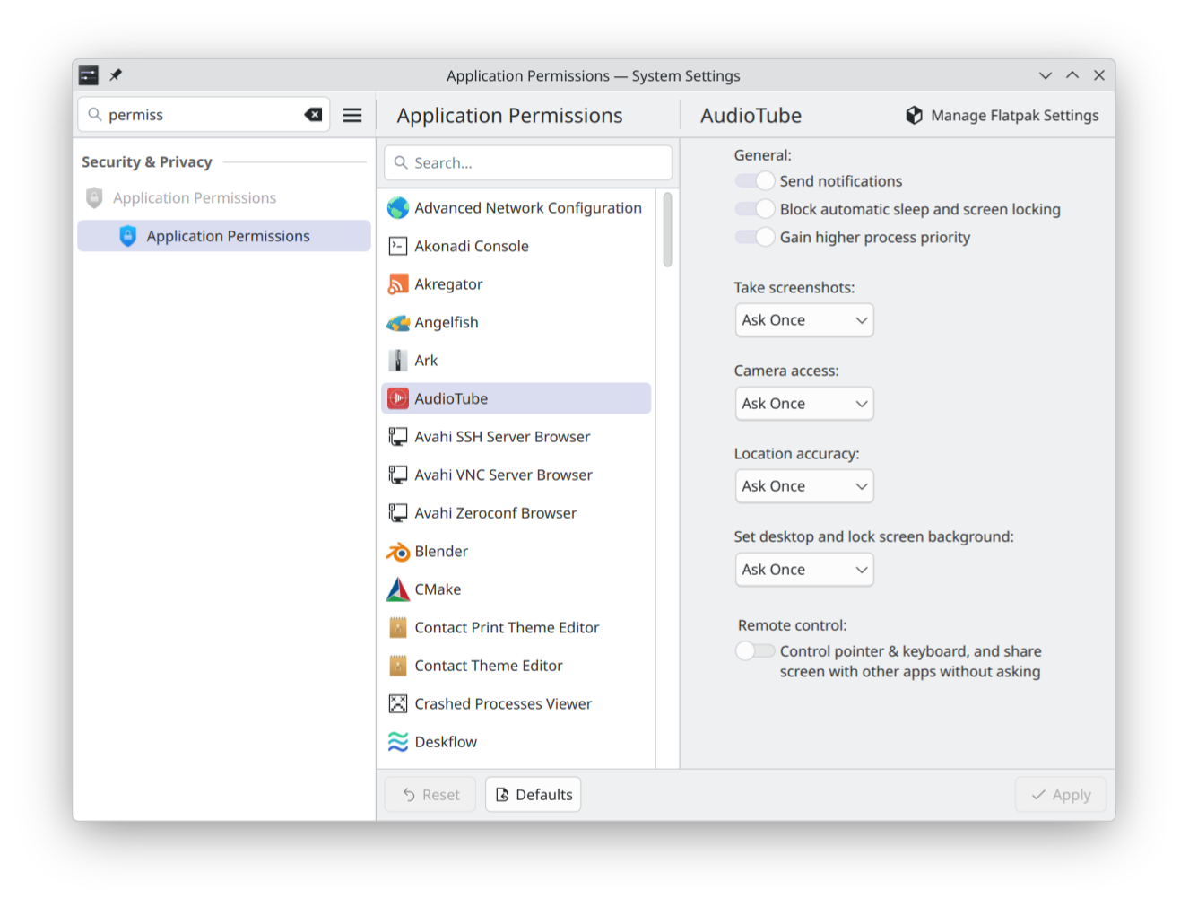 The _Flatpak permission settings page has become a general App permissions settings page.