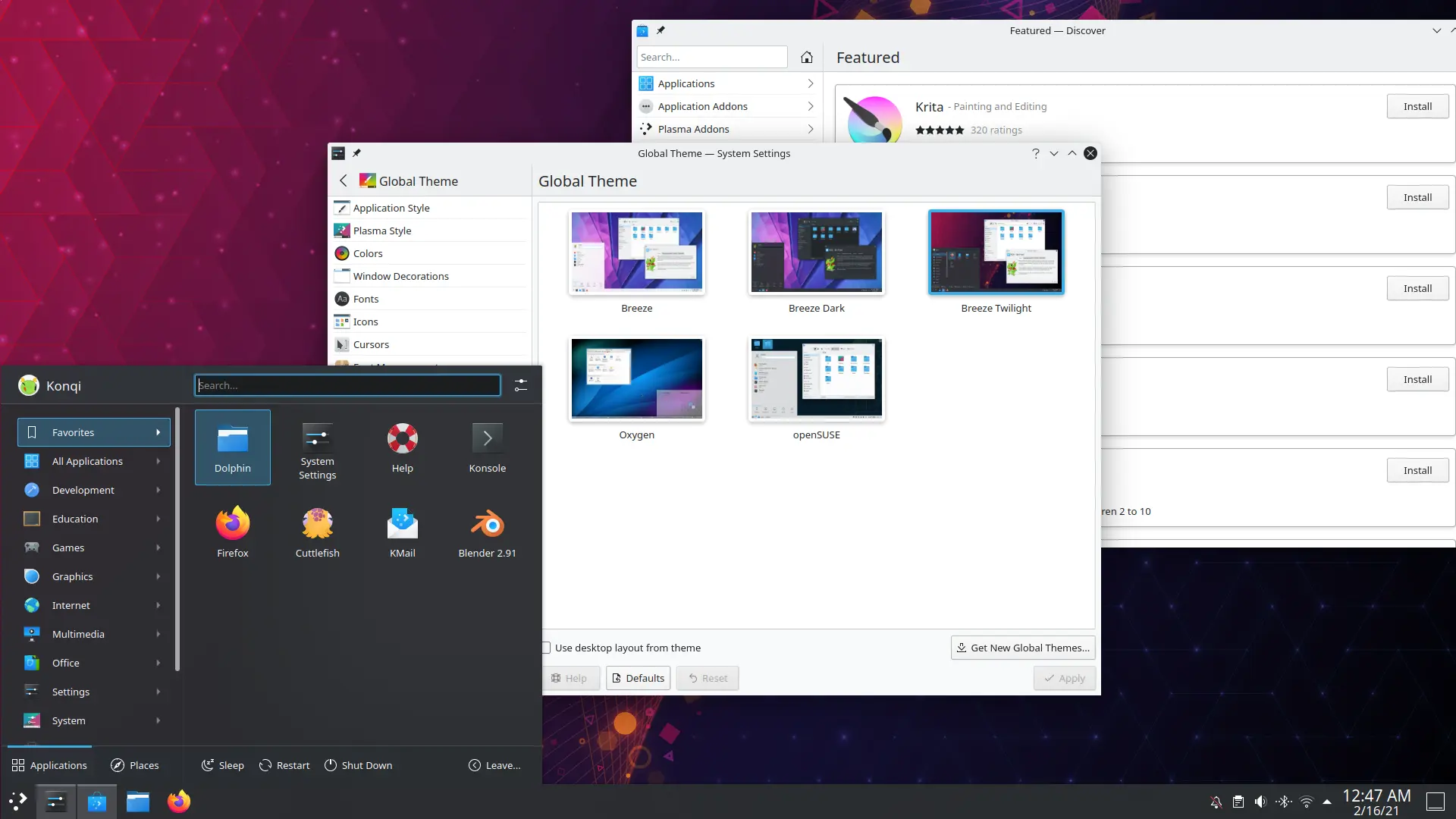 A Breeze Twilightot bemutató képernyőkép, sötét panellel és világos alkalmazásokkal