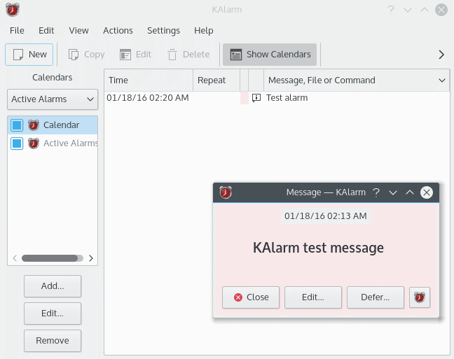 Прозорец за конфигуриране на KAlarm с аларма със съобщение за тестване