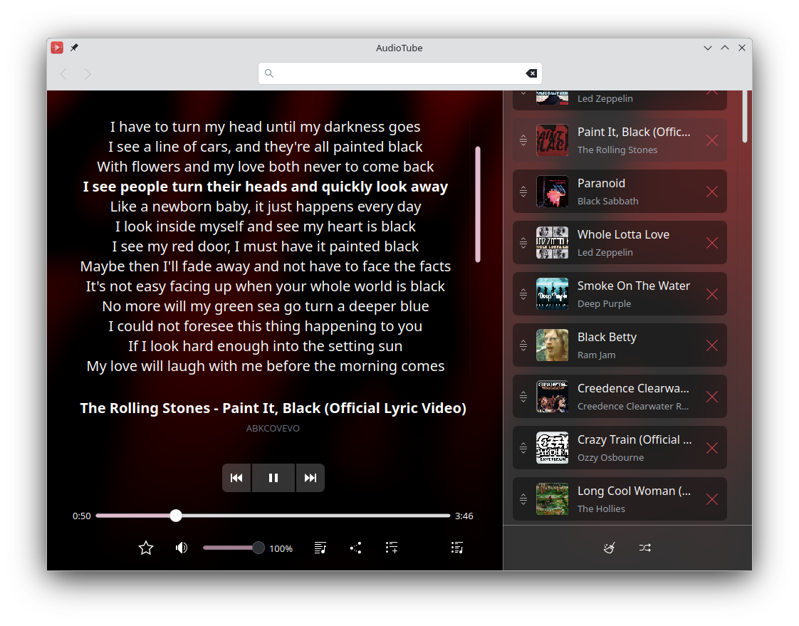 AudioTube mostra i testi della musica che trasmetti da YouTube.