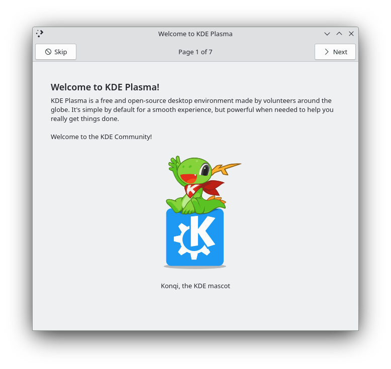 Konqi guides you through Plasma's set up