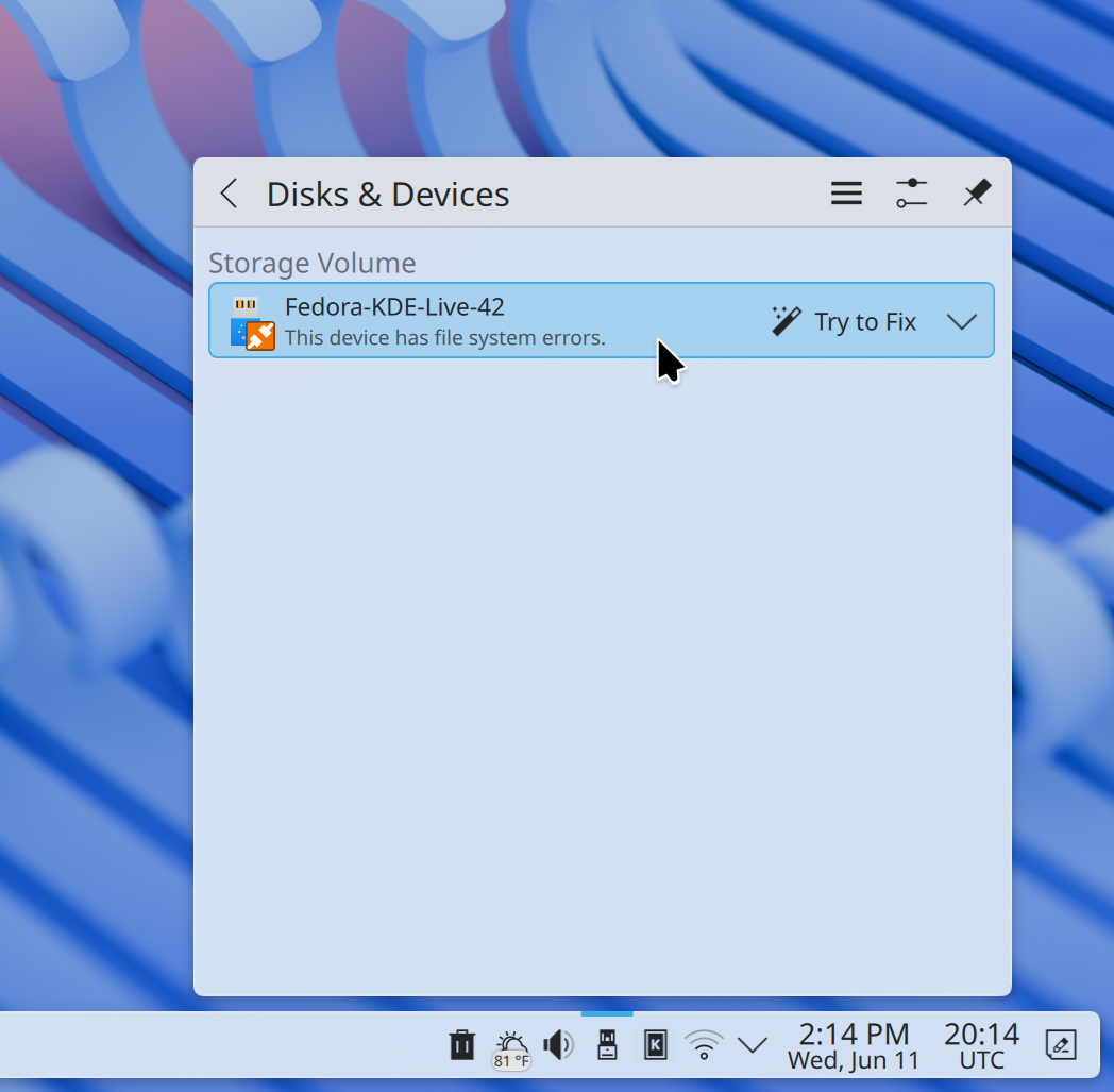 The Disk and Devices widget offers to try and repair a damaged storage device.