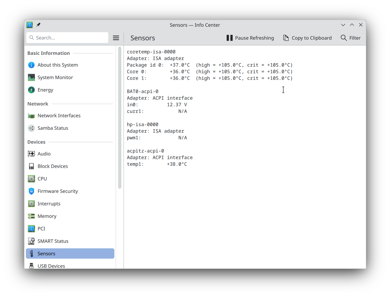 The sensors page shows raw data