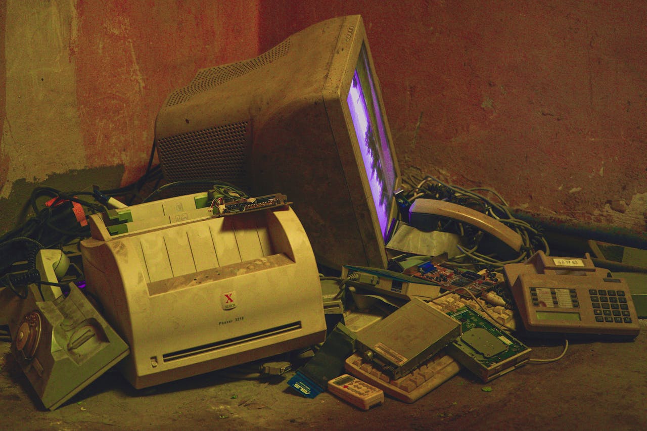 Electronic junk covered in grimy dust.