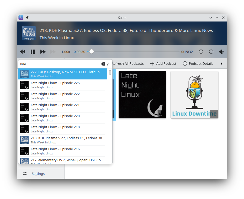 Kasts som visar sökresultat för KDE