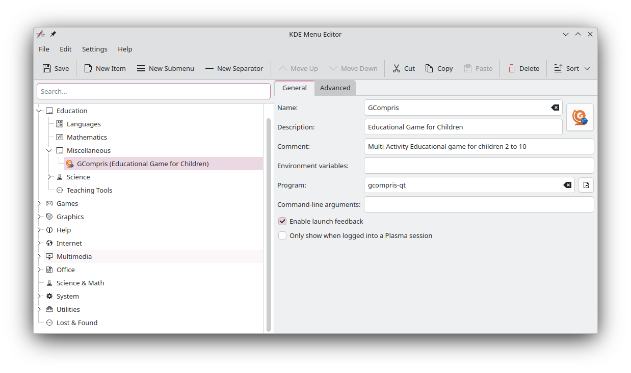 Redigera program i startprogrammet med hjälp av KDE:s <em>Menyeditor</em>.