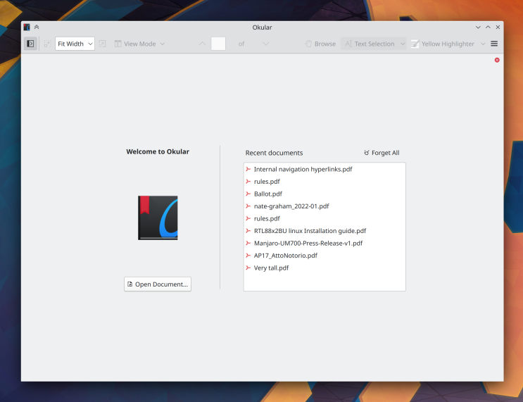 Okular starts with a welcomes screen when opened without a document.